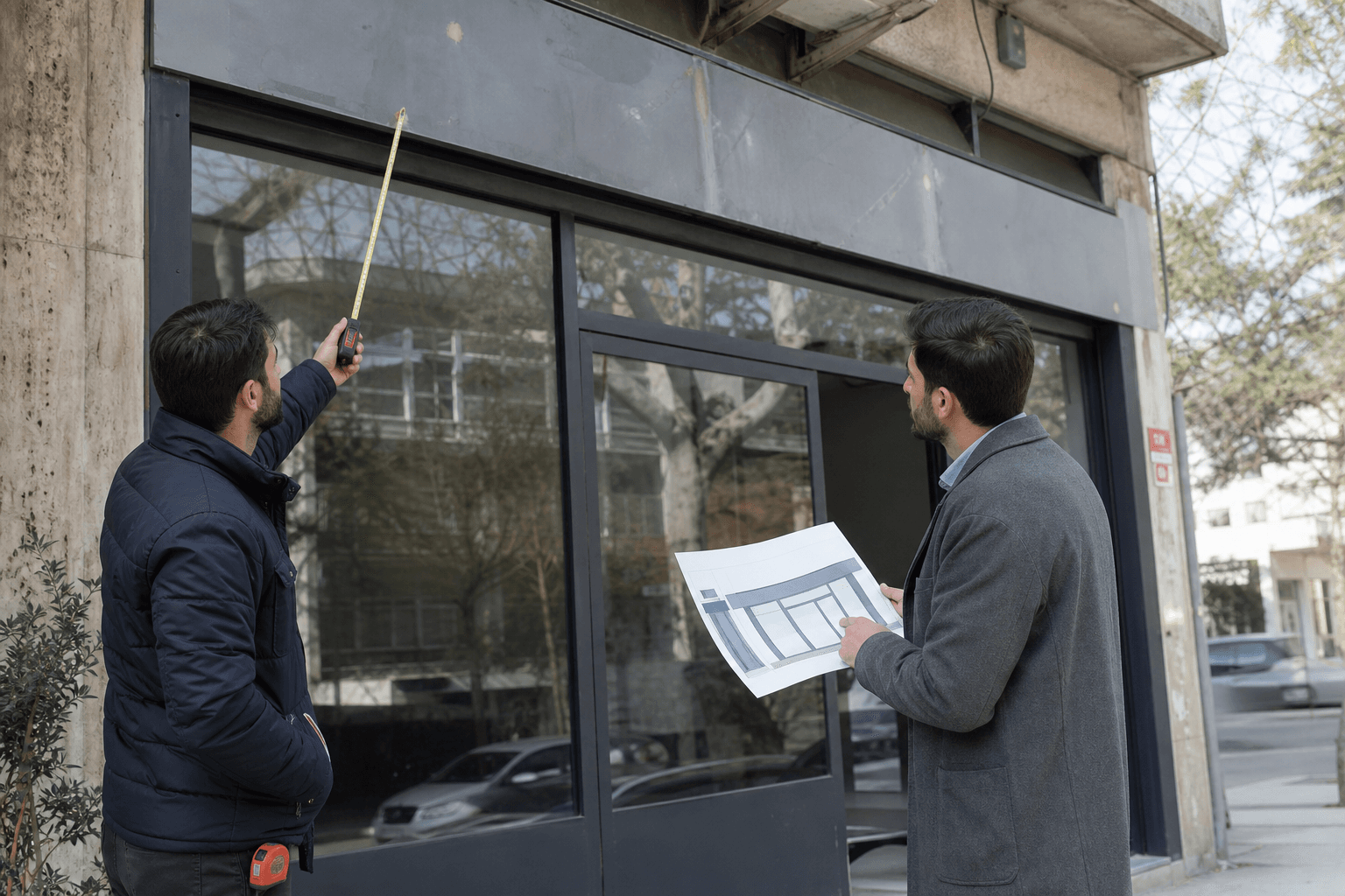 Tabela alanını ölçen uzman ile cephe tasarımını değerlendiren işletme sahibi