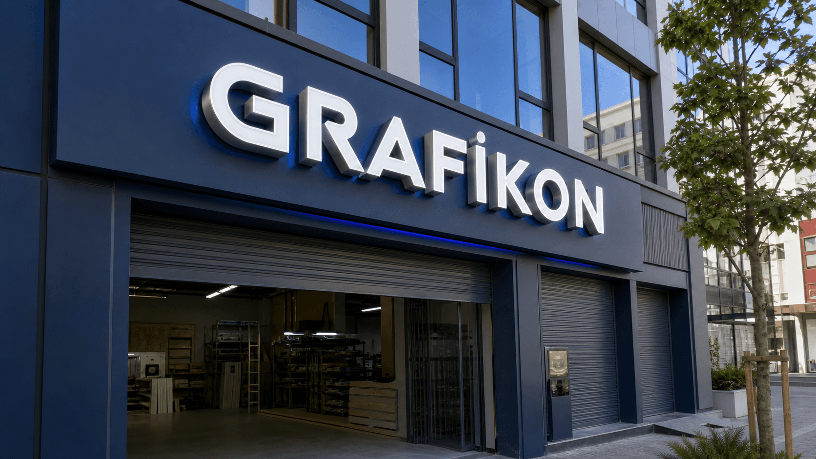 Gündüz çekiminde GRAFİKON kutu harf tabelalı modern reklam üretim iş yeri cephesi