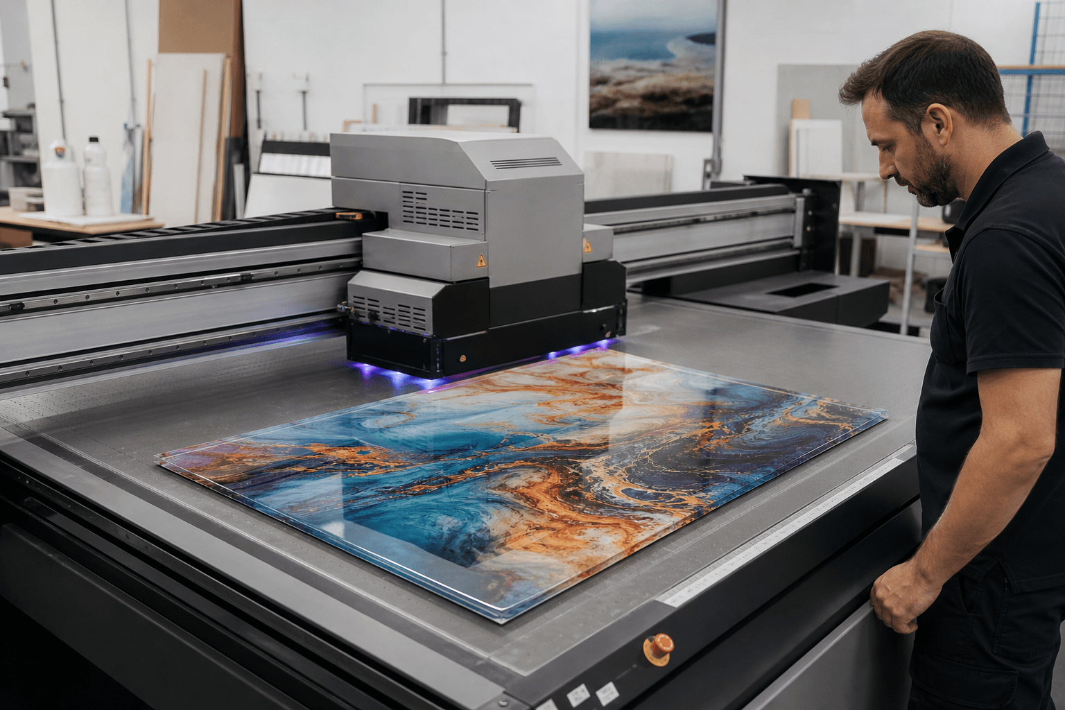 UV flatbed makinede sert pleksi panel üzerine doğrudan baskı üretimi