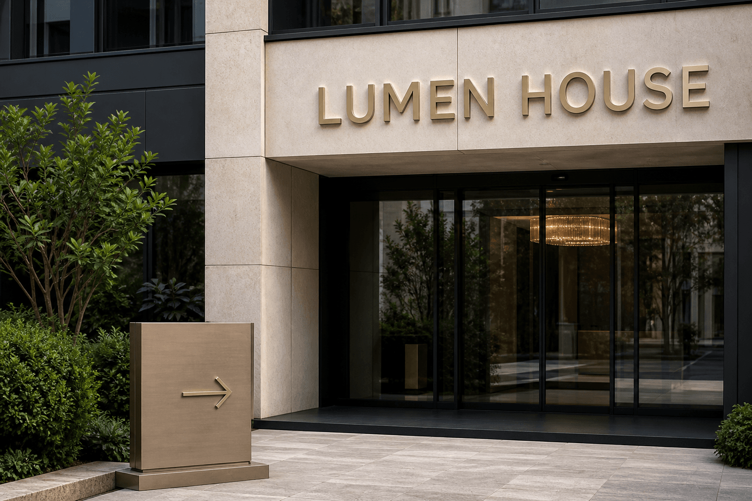 LUMEN HOUSE ana tabelası ve aynı tasarım dilindeki ok işaretli yönlendirme plakası bulunan giriş