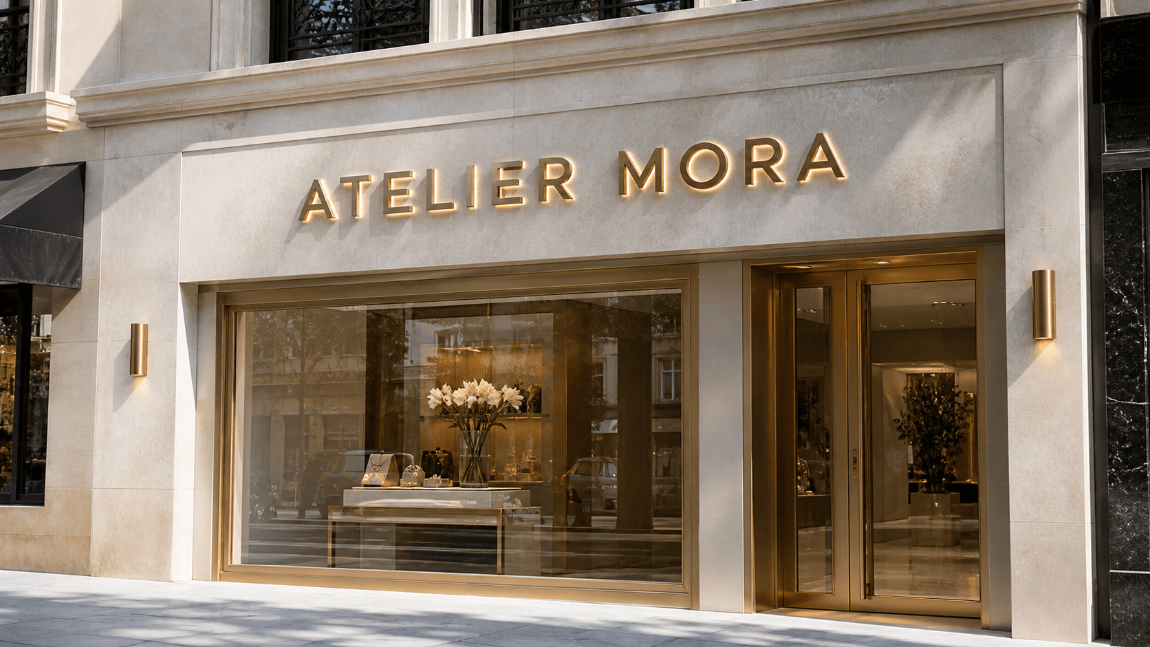 ATELIER MORA kutu harf tabelalı doğal taş ve şampanya metal detaylı modern mağaza cephesi