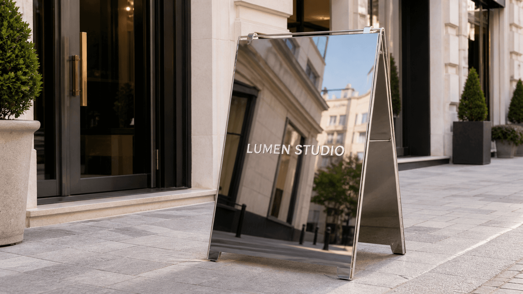 Gündüz çekiminde LUMEN STUDIO yazılı füme ayna pleksi premium A tabela
