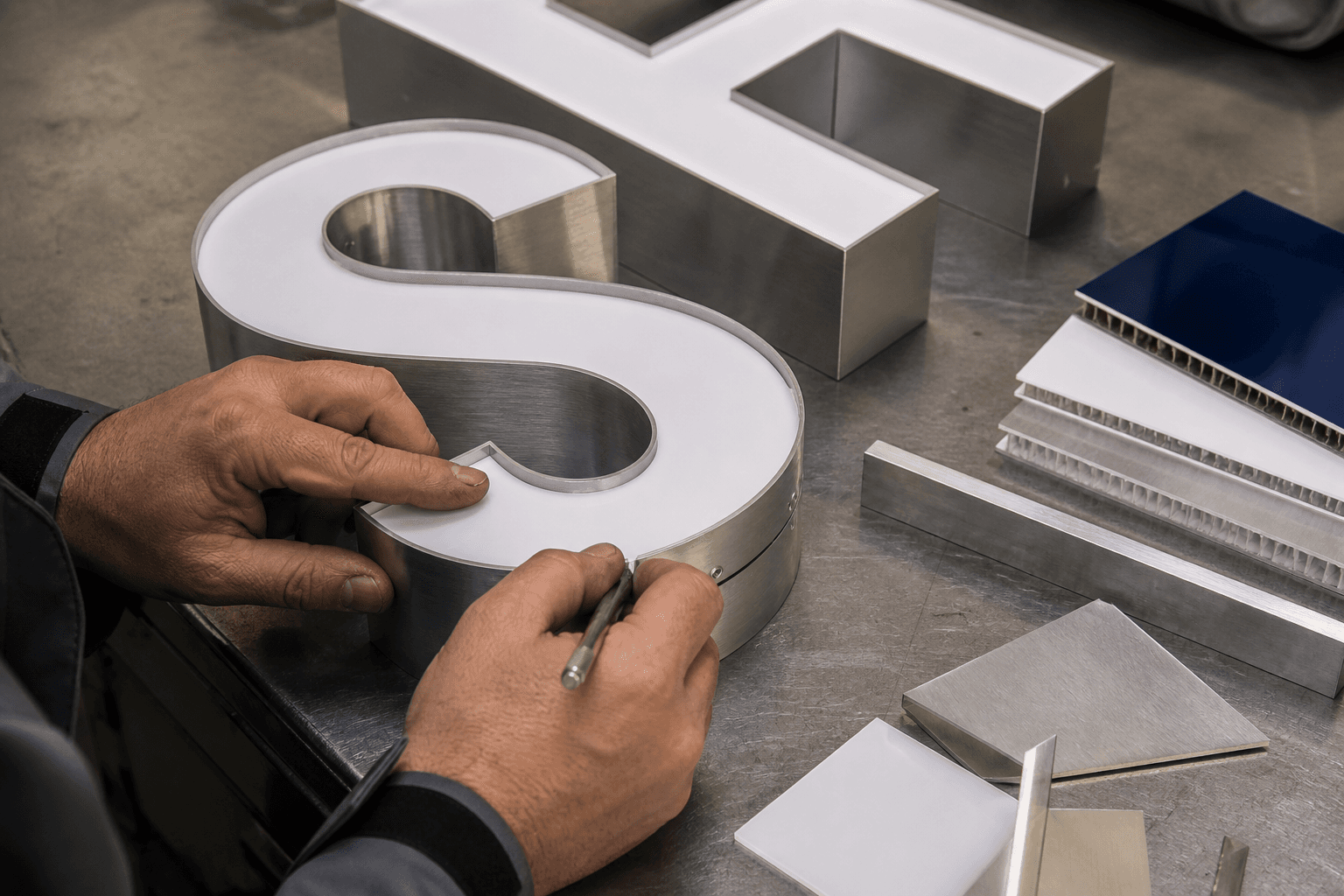 Atölyede fırçalanmış metal, akrilik ve kompozit malzemelerle hazırlanan üç boyutlu kutu harfler