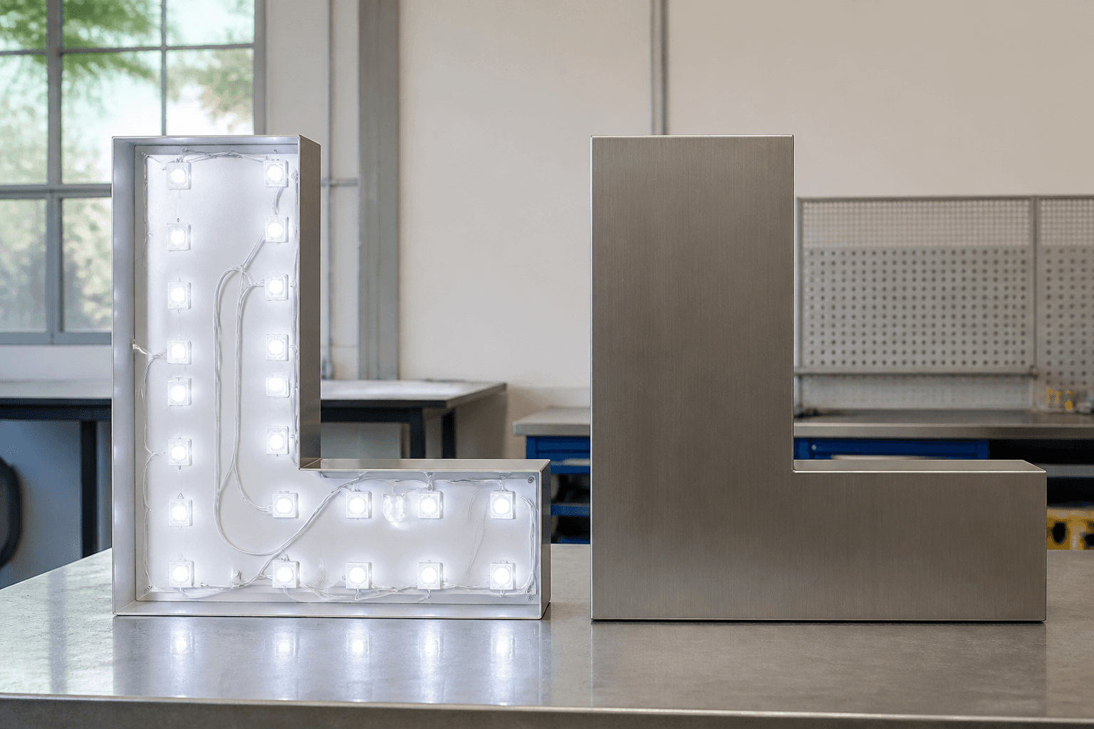 Atölyede LED modüllü ışıklı kutu harf ile ışıksız paslanmaz kutu harf karşılaştırması
