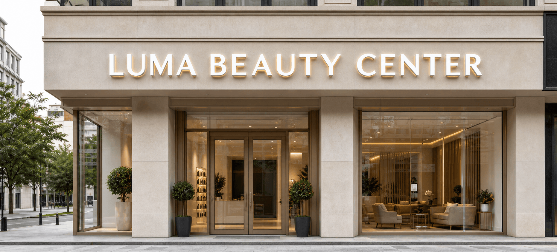 Gündüz çekiminde LUMA BEAUTY CENTER ışıklı kutu harf tabelalı güzellik merkezi cephesi